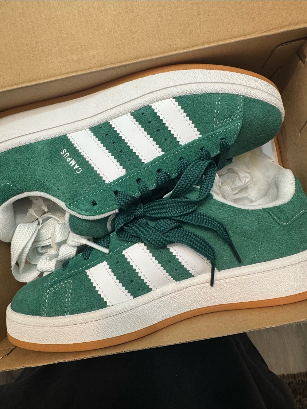 adidas Kids Campus Suede Sneakers in Green with White Stripes